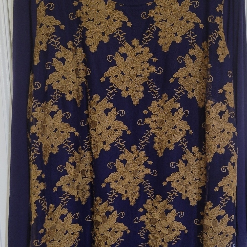 LOGO Lavish Lori Goldstein Purple Gold Floral Lace Tunic Top Women 2X LongSleeve - Picture 2 of 7